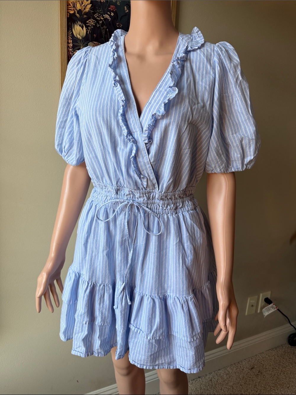 Light Blue Striped Ruffle Wrap Mini Dress